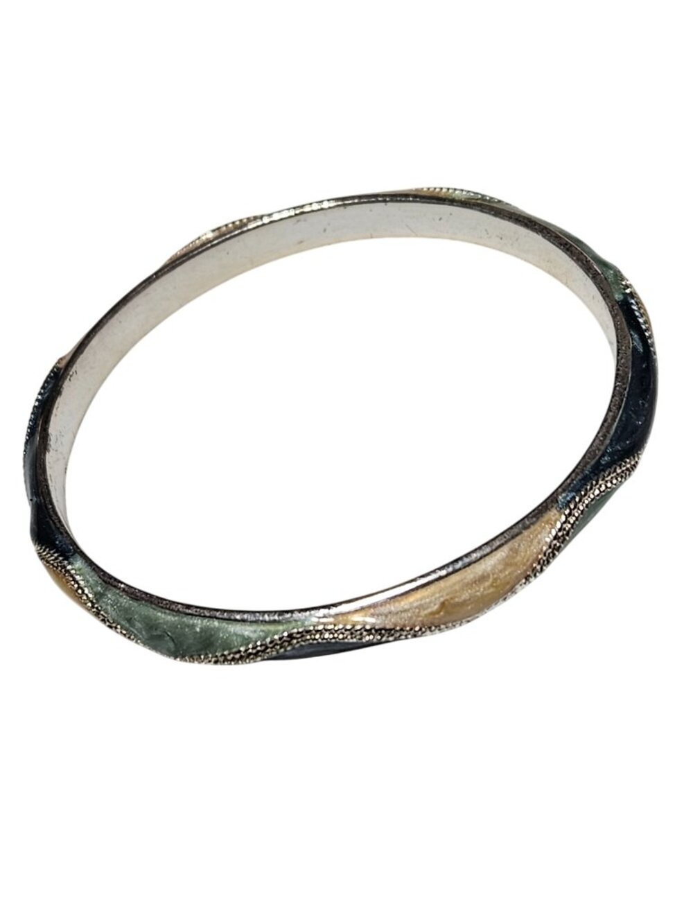 Vintage Bangle Bracelet Silver Tone Blue Green Cream Wavy Coastal Retro Boho